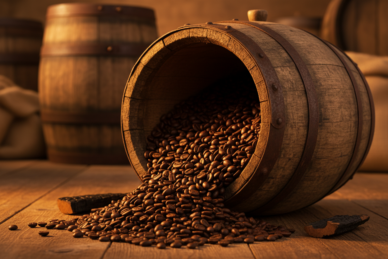 Coffee beans in a bourbon barrel